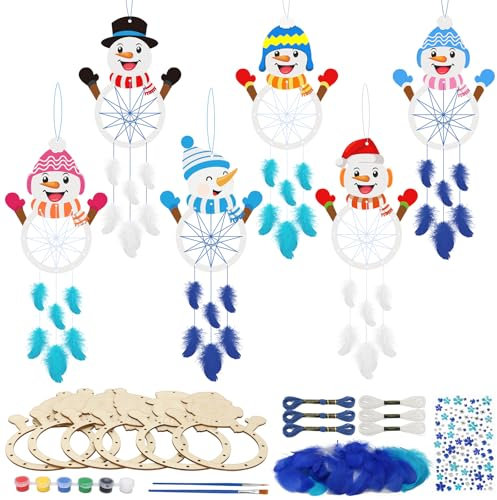 MONCAP 6 Stück Schneemann Bastelset Kinder Traumfänger Basteln Schneemann Traumfänger Holz Weihnachten Kreativset zum Bemalen für Mädchen Jungen Kindergeburtstag Weihnachten Winter Party Geschenk