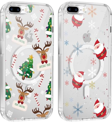 Xylota 2 Stück Magnetisch Hülle für iPhone 7 Plus/8 Plus 5,5'' [Kompatibel mit MagSafe], Weihnachten Transparent Handyhülle, Weihnachtsmann Klare Schutzhülle für iPhone 8 Plus,Weihnachtsbaum 03