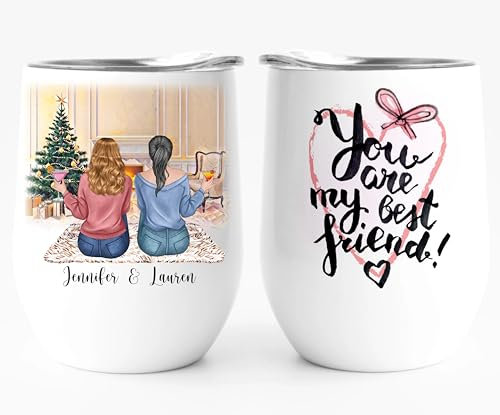 EKAM Personalised Wine Tumbler for Best Friend or Sister - for Whisky, Coffee, Vodka or Wine Stainless Steel Metal 12oz Tumbler Glass with Lid, Best Friendship Gift for BFF Birthday Her