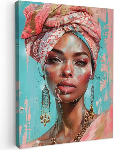 MuchoWow© Impression sur Toile Peinture 50x70 cm Tableau Mural Decoration Salon Reproductions de Tableaux Murale Moderne Femme - Portrait - Bleu - Rose - Moderne