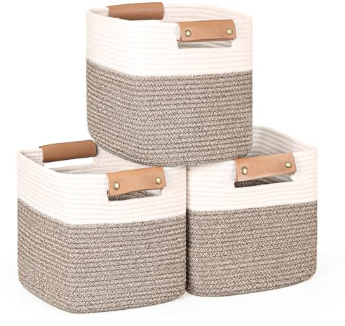 danpinera 11-Zoll-Aufbewahrungskörbe, Geflochtene Körbe zur Organisation, 3er-Set Würfelkörbe, Aufbewahrungskörbe für Regale, Kleiderschrank, Kinderzimmer mit Abnehmbaren Ledergriffen, Weiß & Gemischt
