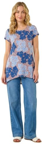 Roman Originals Hanky Hem Tunic Top for Women UK - Ladies Longline Blouse Asymmetric Hemline Short Sleeves Casual Slouch Loose Summer Spring Relaxed Comfortable - Blue Leaf - Size 18