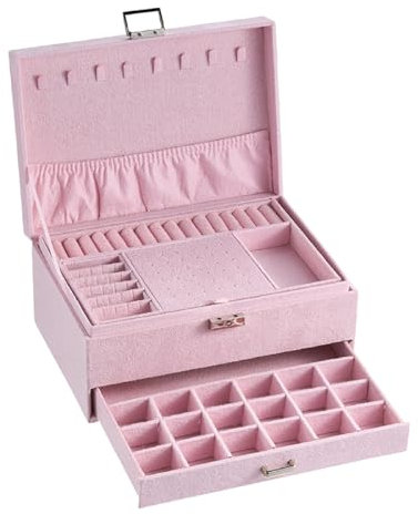 Warmiehomy 3 Layers Vintage Jewellery Box Lockable Velvet Jewelry Organiser for Earring Ring Storage Necklace Bracelets Jewellery Storage Box with Removable Dividers For Girls Women (Pink)