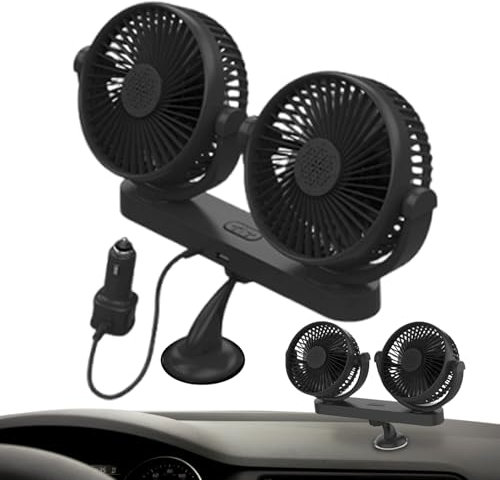 Teksome USB-Lüfter Für Auto | Tragbarer Doppelkopf-Ventilator für Fahrzeuge | 3 Geschwindigkeitsstufen Leiser Motor Luftkühler mit Saugnapf 12V 24V Kühlgerät für Auto Limousine LKW