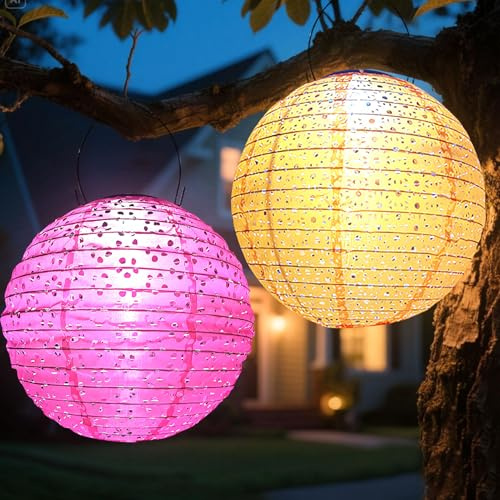 Solar Lampions Außen Wetterfest, Himmel 2 Stück LED Solarlampions Wasserdicht Bunte, 25cm Solarlampions für Außen Hängend, Abnehmbar Lampingions Outdoor Solar für Garten Hof Terrasse (Orange+Rot)