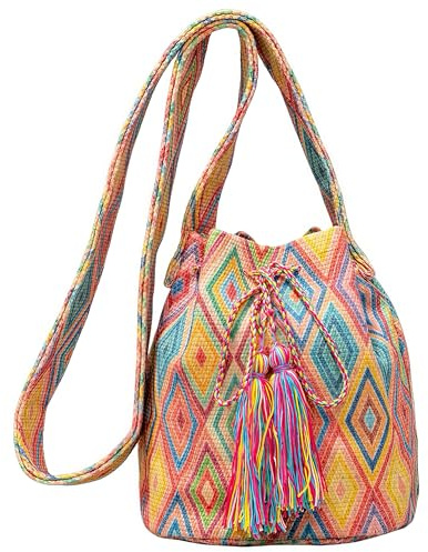 Pandalein Damen Canvas Bucket Bag Boho Beuteltasche Quaste Umhängetasche Kleine Handtasche Strandtasche Crossbody Bag Damentasche mit Breitem Schulterriemen Kordelzug (Bunt)