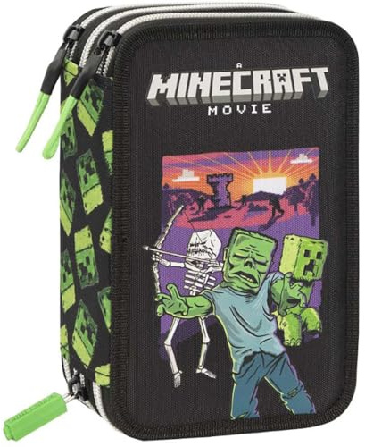 MINECRAFT Schul-Federmäppchen mit 3 Reißverschlüssen, 20 x 13 x 7 cm, komplettes Set 48 Teile, schwarz/grün