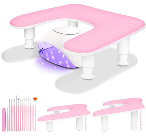 BBWELL Set de Reposabrazos para Uñas,Reposabrazos de uñas de U - Altura ajustable,Reposabrazos Manicura de Cuero PU Antideslizante,con 15 Pinceles de Decoración de Uñas y 1 Lima de Esponja (Rosa)