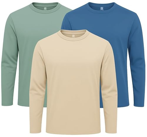 Style Horizon 3 Pack Mens Long Sleeve Crewneck Tshirts, 100% Cotton Casual Round Neck Full Sleeved Tops
