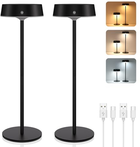 JVURICE LED Tischlampe Kabellos 2 Stück Akku Tischleuchte Touch Mit USB-C | Nachttischlampe Aluminium Höhen Verstellbar Dimmbare 3 Farbtemperaturen IP65 Wasserdicht Für Wohnzimmer Schlafzimmer Schwarz