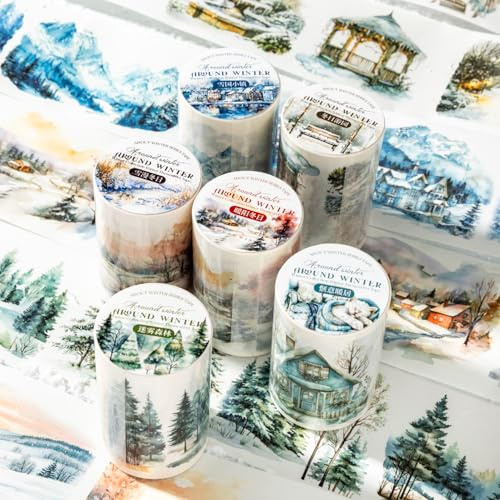 Frekyar 6 Rolls Washi Tape,Large Size Winter Landscape Themed Scrapbook Tape Stickers for Junk Journal,Jornaling,Bullet Journaling,DIY Craft,Planner,Calendar(Ungefähr im Winter)