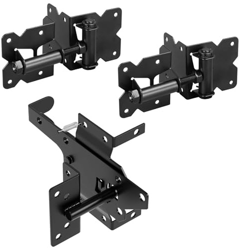 3 Stück Selbstschließende Torbänder & Torriegel Set, Verstellbare Gartentor Scharniere aus Schwerlast-Stahl inkl. 60 Schrauben, Automatischer Türverschluss für Holzzaun, Schwarz