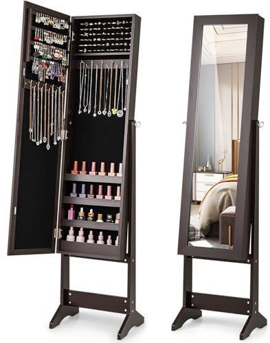 COSTWAY Armoire à Bijoux sur Pied avec Miroir Psyché Coffre à Bijoux, Armoire de Rangement Cosmétiques, 3 Positions Réglables, Installation Facile, Style Nordique (Rose) (Café)