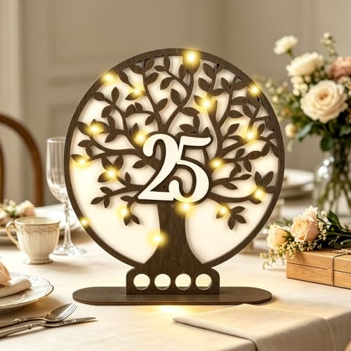 ARTREE Regalo de 25 cumpleaños y bodas de plata de madera, árbol de la vida, regalo de aniversario con LED, decoración de mesa y regalo de dinero en uno, idea de regalo especial