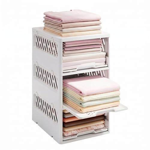 YVVVVY 3 Tiers Wardrobe Storage Organizer, Stackable Storage Bins | Foldable Closet Basket, Stackable Drawers with Full Pull-Out Tray for Clothes, Bedroom, Bathroom, 43.2D x 33.5W x 54.2H cm