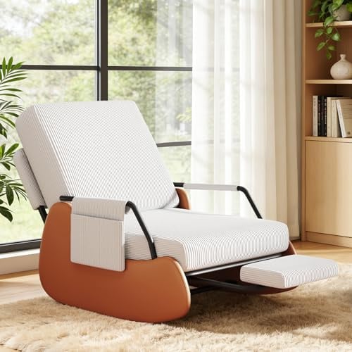 Ckaff Schaukelstuhl mit Fußstütze, Schaukelsessel mit Verstellbare Rückenlehne, Gepolsterter Breiter Relaxsessel Relaxstuhl Sessel mit Seitentaschen für Wohnzimmer Schlafzimmer, Weiß