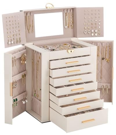 Lolalet Große Schmuckaufbewahrung, 8 Ebenen mit Spiegel 7 Schubladen Beige | Abschließbarer Schmuckkästchen für Uhren, Ringe, Ohrringe, Armbänder und Halsketten Geschenkidee für Damen Mädchen