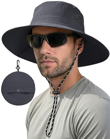 MELLIEX Anti-UV-hatt herr dam breda kanter solhatt vattentät andningsbar vikbar boonie hatt för vandring, trädgårdsarbete, safari, buske, Färg: grå, One size