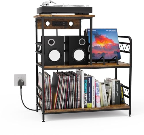 Vinyl Record Player Stand with Charging Station, Turntable Storage Cabinet Holds Up to 300 Albums, Record Player Table with Display Shelf, 2 AC Outlets & 2 USB Ports, Rustic Brown, 77×35×85cm
