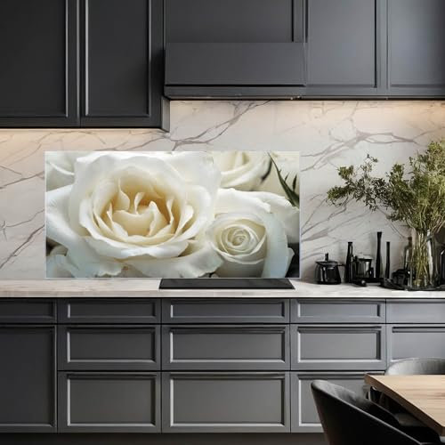 banjado Küchenrückwand Glas ohne Bohren 100x50cm – Glasrückwand Küche mit Motiv White Roses/Spritzschutz Küchenrückwand Glas/selbstklebende Küchenrückwand Platte - magnetisch & beschreibbar
