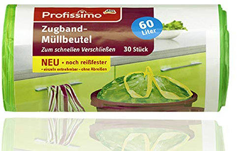 Zugband Müllbeutel - 60 Liter - (30 Stück) - Reißfest & Flüssigkeitsdicht - Einfach einzeln entnehmbar ohne abreißen