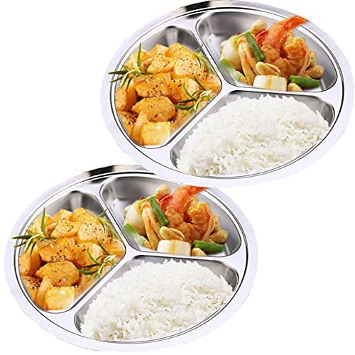 TEERFU Lot de 2 assiettes en acier inoxydable avec compartiments pour camping, repas des enfants ou utilisation quotidienne, Silver, 9.4''