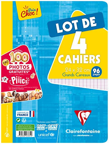 Lot de 4 cahiers - CLAIREFONTAINE - 96 pages - Grands Carreaux Séyès - 24 x 32 cm