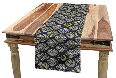 ABAKUHAUS skandinavisch Tischläufer, Blätter mit Blumen, Esszimmer Küche Rechteckiger Dekorativer Tischläufer, 40 x 225 cm, Nachtblau und Gelb