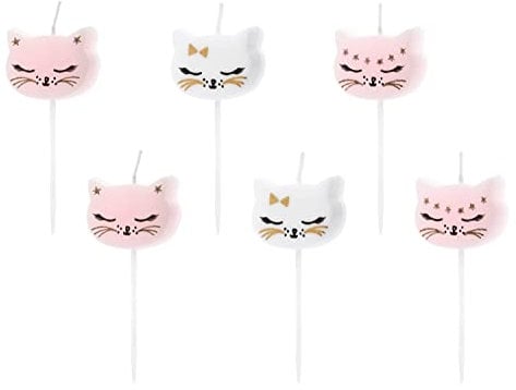 PartyDeco Geburtstagskerzen Katzen 2cm x 6 Stück Kuchenkerzen zum Stecken für Kindergeburtstag weiß rosa Kitty