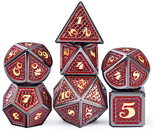 DNDND Metal Dungeons and Dragons Würfel-Set, 7-teilig, Drachenschuppe, metallisch, D&D-Würfel mit Geschenk-Metalldose für DND-Spiele (rot mit schwarzem Rand)
