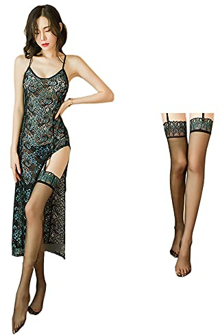 SINROYEE Women's Peacock Element Transparent Pajamas Lace Cheongsam Uniform Suit Underwear Set Sexy Chinese or Japanese style blue