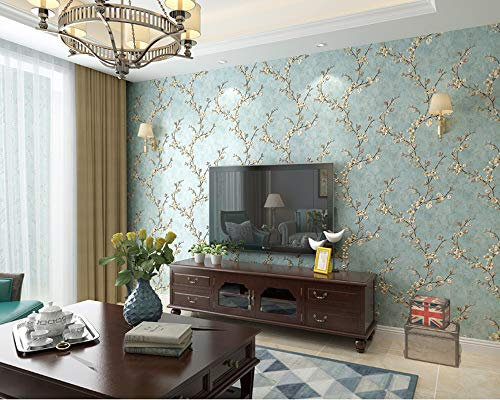 MEAIHOME Retro American Pastoral Style Flower Tree Non-Woven 3D Bedroom Living Room Home TV Background Non-Pasted Wallpaper Light Blue 1.73'W x 32.8'L