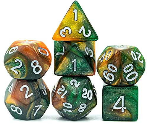 World of Dice Orion-Serie - Pen and Paper Würfel, 7-teiliges Würfelset, W20, W12, W10, W10.0, W8, W6, W4, Rollenspiel-Würfel, für Dungeons and Dragons und weitere RPG (grün-Gold)