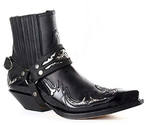 LLDG Herren Western Cowboy Motorrad Stiefeletten mode Reiterstiefel Spitze Kurzschaft Boots Vintage Combat boots Motorradstiefel Biker Boots Modische Ankle Boots mit Blockabsat, Schwarz, 43 EU
