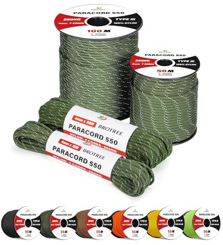 Brotree Paracord 550 4mm 15M 100% Nylon Seil Schnur Typ III mit 7 Stränge für Survival, Outdoor, Armbänder, Hundeleine - Bruchlast 250kg (Reflektierende Armee Grün)