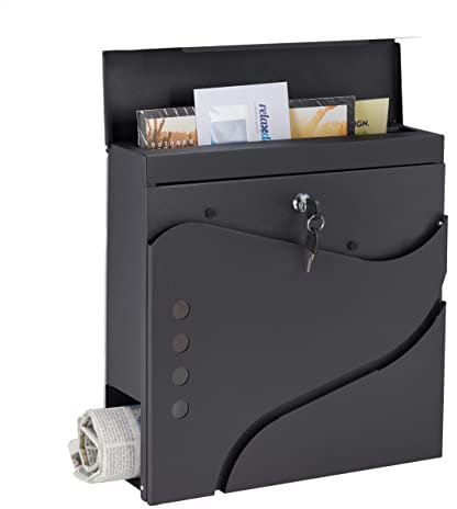 Relaxdays Cassetta della Posta con Scomparto Portagiornali, HLP 37 x 37 x 11 cm, con 2 Chiavi, in Acciaio, Moderna, Nero