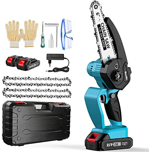 Mini Kettensäge mit Akku, Seesii 6 Zoll Mini Kettensäge Elektro mit 2 Akku 2000mAh, Handkettensäge Akku, Kette werkzeuglos einstellen, Einstellbarer Schnittwinkel, CH650