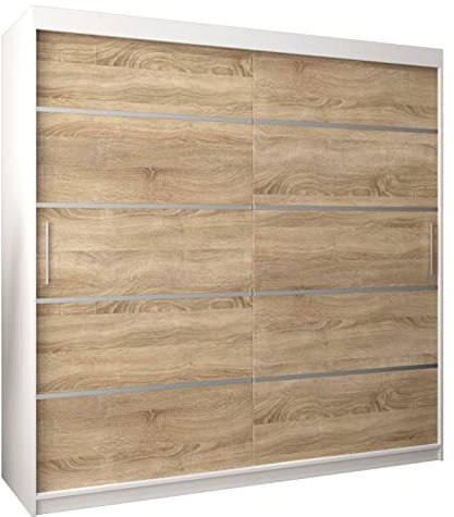 MEBLE KRYSPOL Schwebetürenschrank Verona 1 200 cm Kleiderschrank mit Kleiderstange und Einlegeboden Schlafzimmer- Wohnzimmerschrank Schiebetüren Modern Design (Schubladen: 0, Weiß + Sonoma)