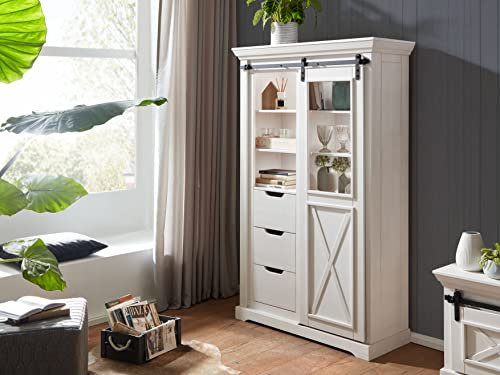 Vitrine WZ-0548 Vollholz Kiefer massiv Weiß Schwarze Metallelemente Maße BxHxT ca.: 109x178x40 cm