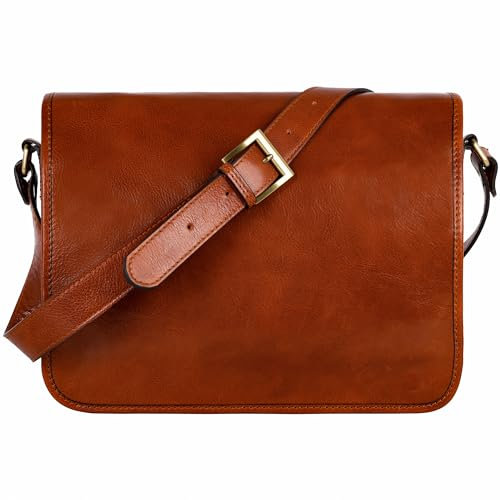 Time Resistance Leder Messenger Bag für Herren, Handgefertigte Umhängetasche, Schultertasche Hergestellt in Italien, cognac