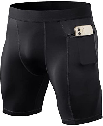 Ruowuhen Herren Funktionsshorts Kompressionsshorts mit Taschen, Herren Baselayer Unterhose Tights Kurz Laufhose Schnelltrocknendes Laufunterwäsche Schwarz M