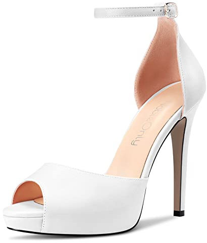 NobleOnly Donna Spillo Alto High Piattaforma Tacco Heel Aperte sulla Punta Sandali Cinturino alla Caviglia Fibbia da Matrimonio Sexy Dress Scarpe Bianco 42 EU