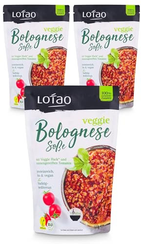 LOTAO Vegane Bolognese mit veganem Hack 3x320g Paket | BIO Tomatensauce mit Veggie Hack Fleischersatz | Schnelle vegetarische und vegane Fertiggerichte + Lebensmittel ohne Zusatzstoffe + Soja
