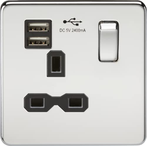 Screwless 13A 1G Switched Socket with Dual USB Charger (2.4A) - Polished Chrome with Black Insert