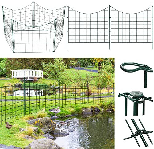 Gimisgu Teichzaun, 5tlg Set Gartenzaun Steckzaun Länge 3,75 m, Metallzaun Grün mit 11 Zaunelemente-5 Zaunelemente und 6 Befestigungsstäben, Tiergehege Freigehege (Unterbogen)