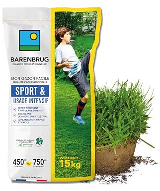 BARENBRUG - Gazon Sport & Usage intensif - Super Résistant - Excellent Comportement Estival - Implantation Rapide et Facile - Engrais Compatible Agriculture Biologique - Fabriqué en France - 15KG