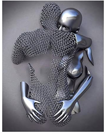 XIUWOUG Cuadros en Lienzo Love Heart 3D Effect Wall Art, Figura Abstracta de Metal Pareja Escultura imágenes, Modernos pintura Dorado/gris,B,70x100cm No Frame