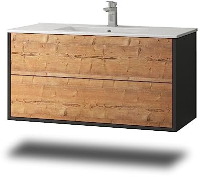 Stil.Zeit Evelia Badmöbel inkl. Waschbecken | Waschtisch mit Unterschrank 100.5 cm | Anthrazit/Dekor Silberfichte| Push-to-Open/hängend