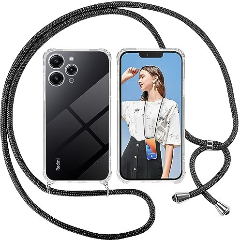 ISOI Coque pour Xiaomi Redmi 12 avec Cordon - Tour de Cou Lanière en Corde - Transparente Silicone Housse avec Cordage Lanyard Case pour Xiaomi Redmi 12 Collier Cover, Noir