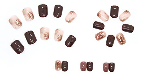 Petite Press on Acrylic Nails Brown Nail Nail Autumn And Winter New Products Wearing Nail Nail Chocolate Brown Ice Tea Color Nail Tablet Finished Product (with Glue) 1ml Medium Coffin (Pink, One Size)